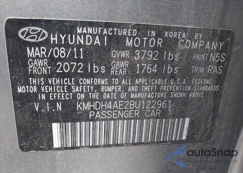 2011 Hyundai Elantra Gls (Ulsan Plant) from USA, damaged, VIN KMHDH4AE2BU122961